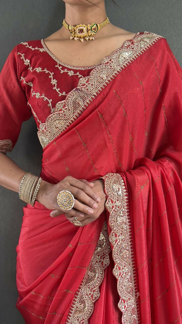 Vastranavya Red Georgette Silk Swarovski & Heavy Lace Work Ready to Wear Saree | Swadesiicart