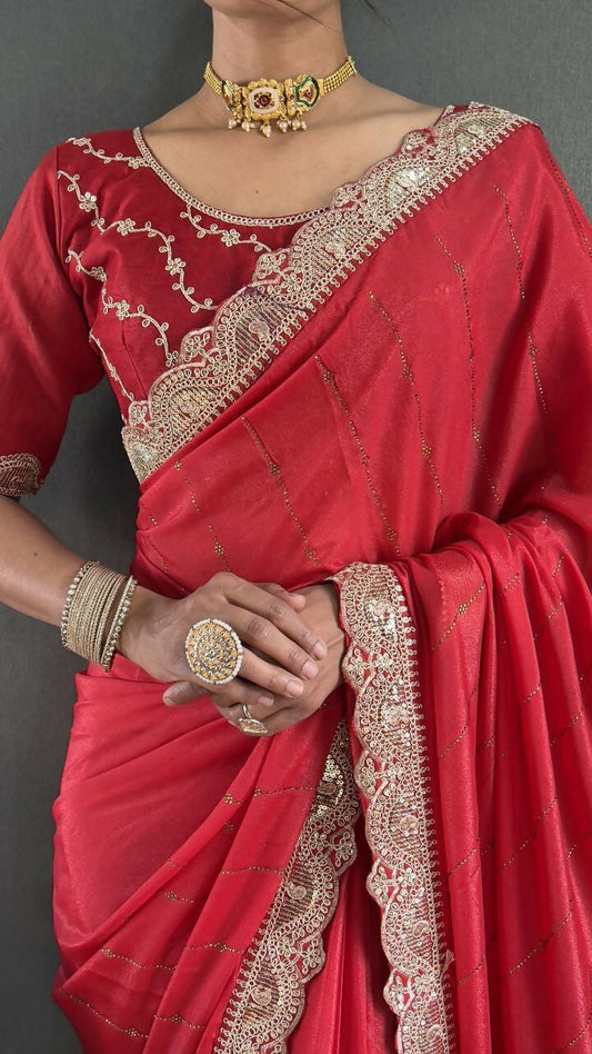 Vastranavya Red Georgette Silk Swarovski & Heavy Lace Work Ready to Wear Saree | Swadesiicart