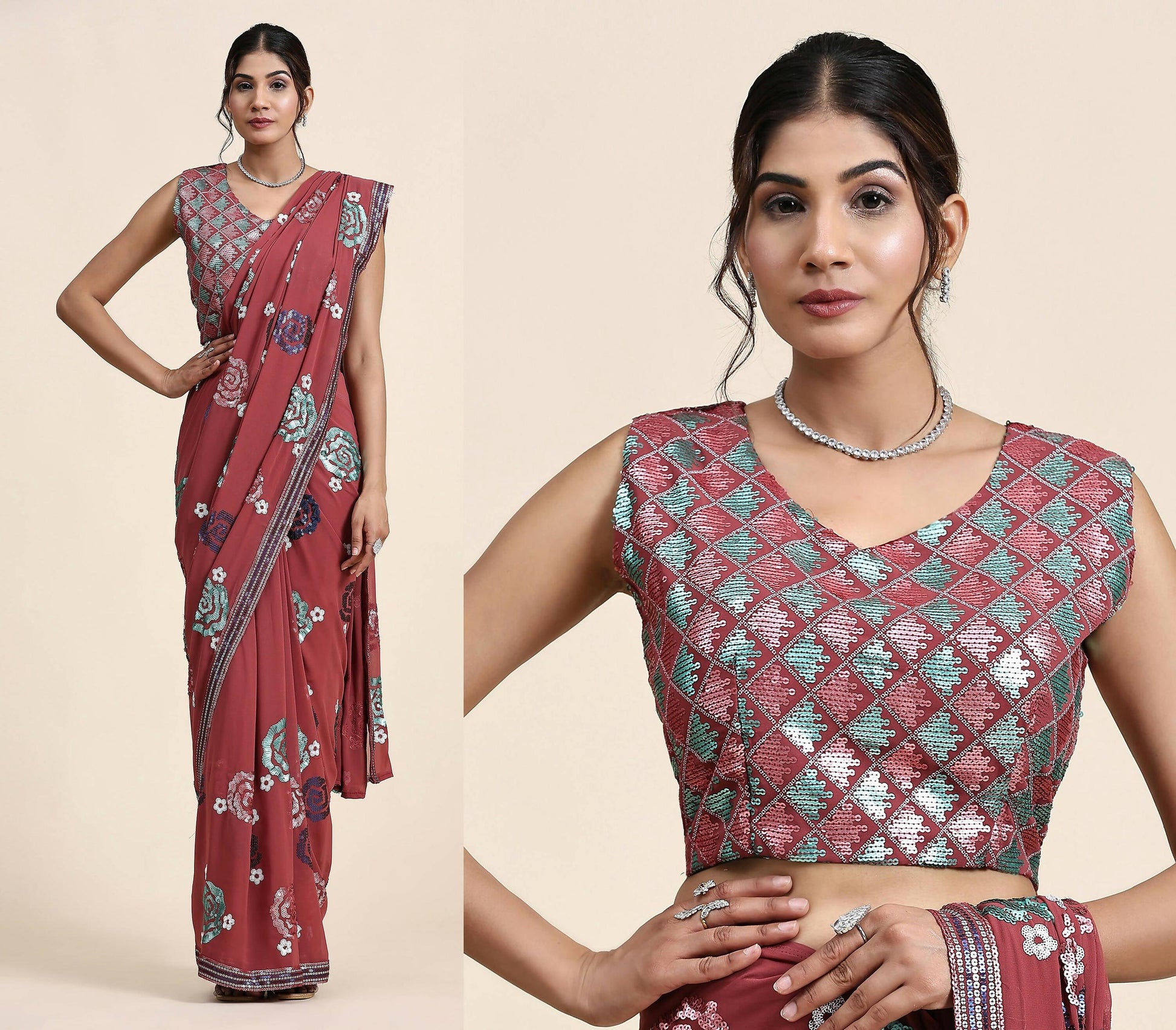 Peach Pure Georgette Sequence work Ready to wear Saree with stitched Blouse - Nirvana | Swadesiicart