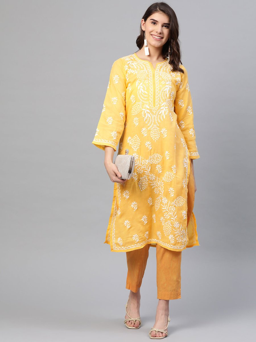 ADA Women Yellow & White Chikankari Embroidered Straight Sustainable Handloom Kurta | Swadesiicart