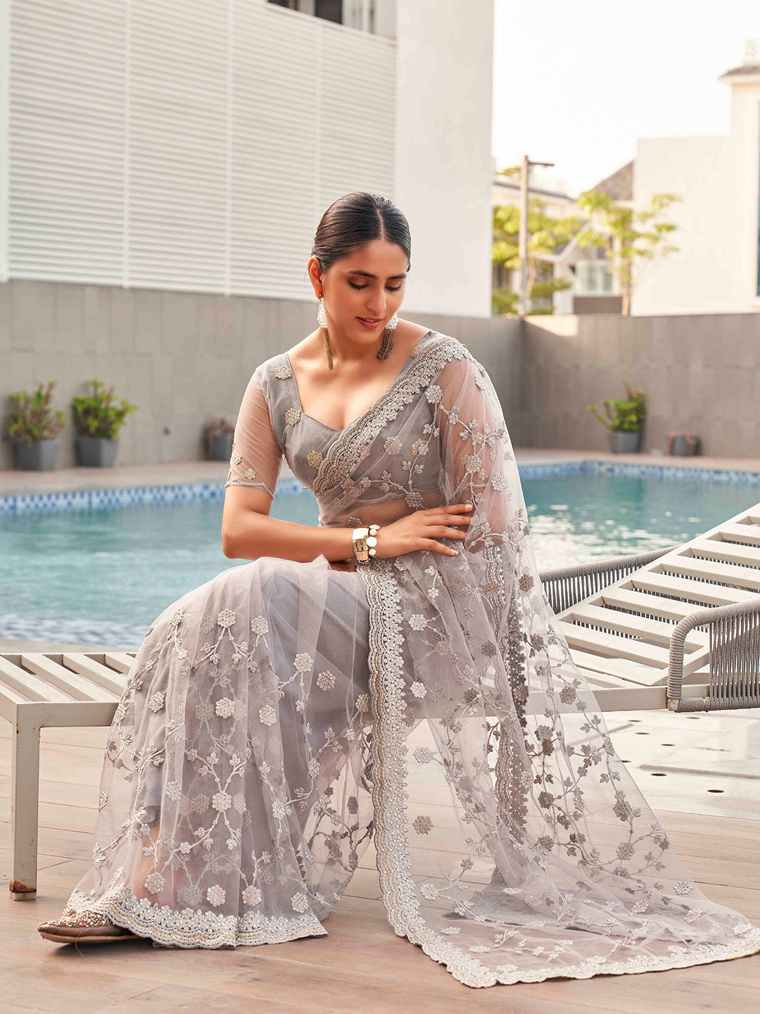 Tikhi Imli Embroidered Net Heavy Work Saree | Swadesiicart