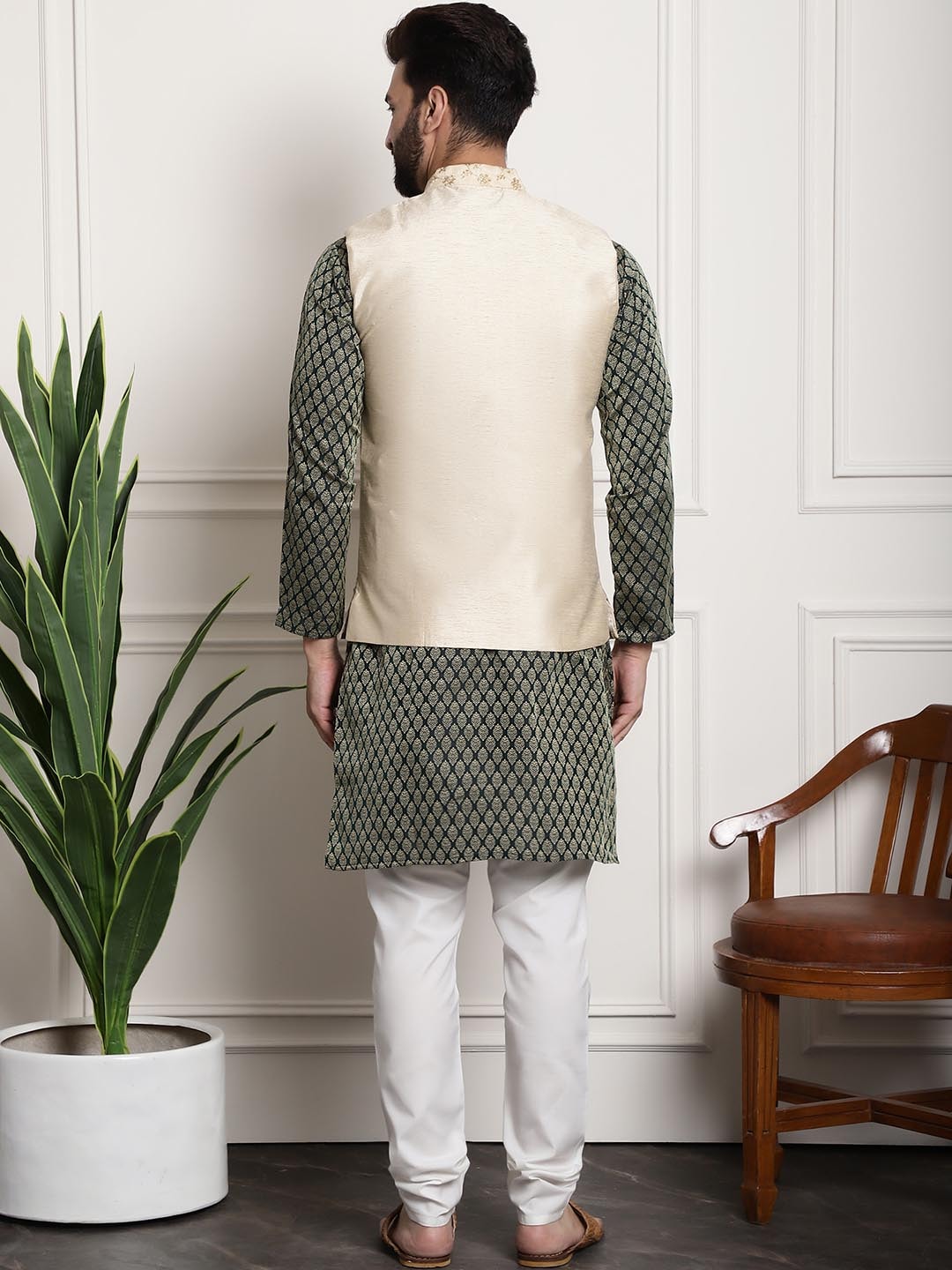 Sojanya Men Green Ethnic Motifs Kurta with Churidar with Nehru Jacket | Swadesiicart