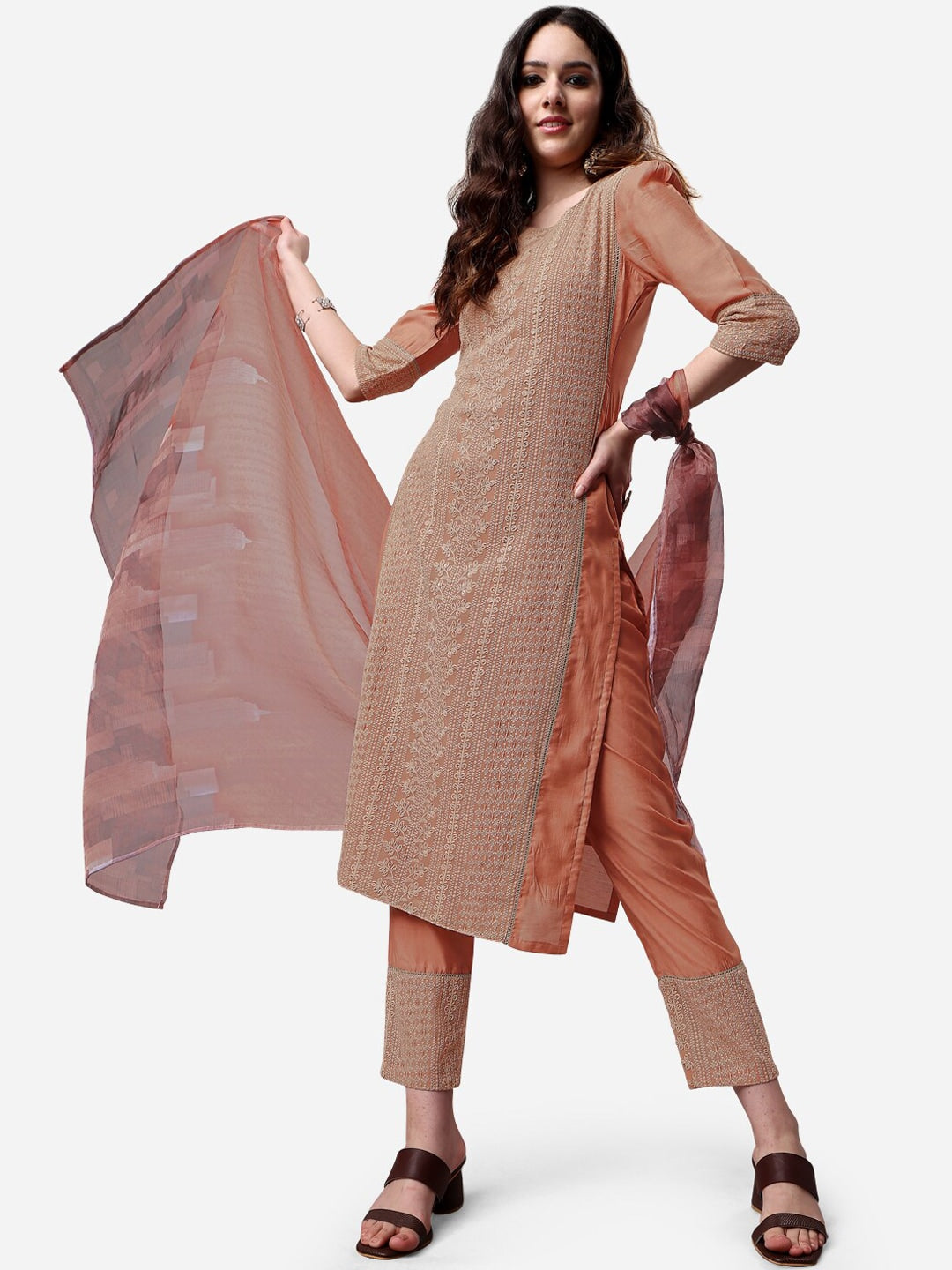 HERE&NOW Lucknowi Chikankari Schiffli Chanderi Silk Kurta Trousers with Organza Dupatta | Swadesiicart