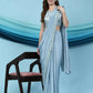 Blue Silk Satin Solid Ready to wear Saree with stitched Blouse - Satiksha | Swadesiicart