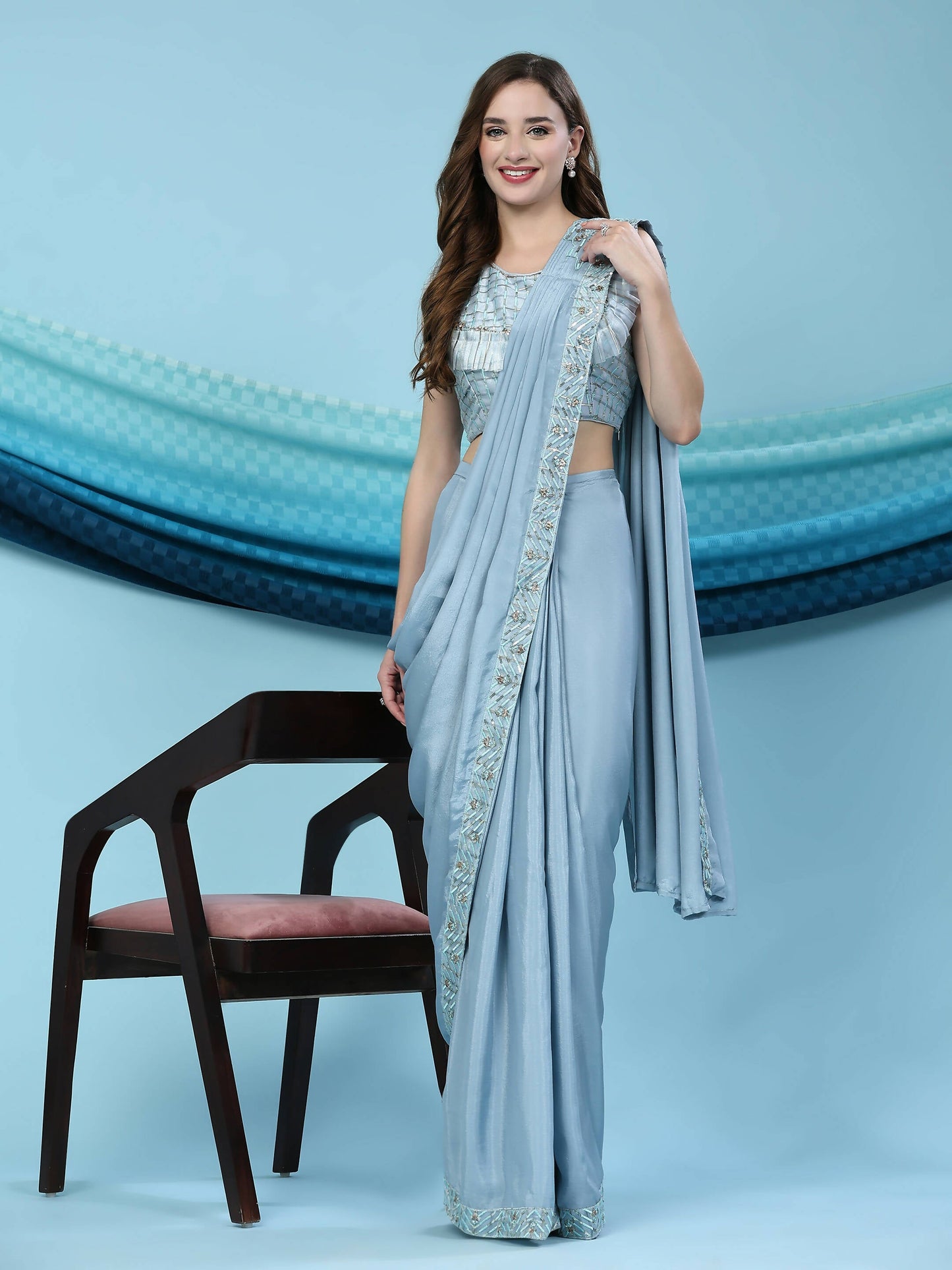 Blue Silk Satin Solid Ready to wear Saree with stitched Blouse - Satiksha | Swadesiicart