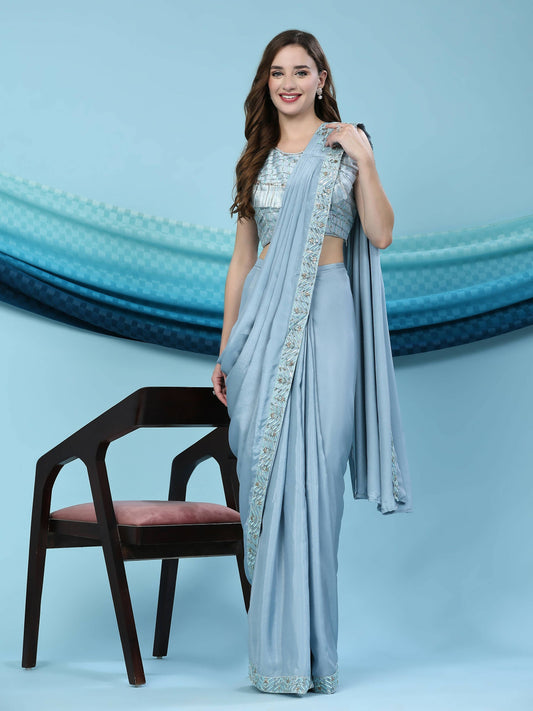 Blue Silk Satin Solid Ready to wear Saree with stitched Blouse - Satiksha | Swadesiicart