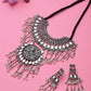 Cardinal Silver-Toned Mirror Studded & Beaded Oxidised Choker Jewellery Set | Swadesiicart
