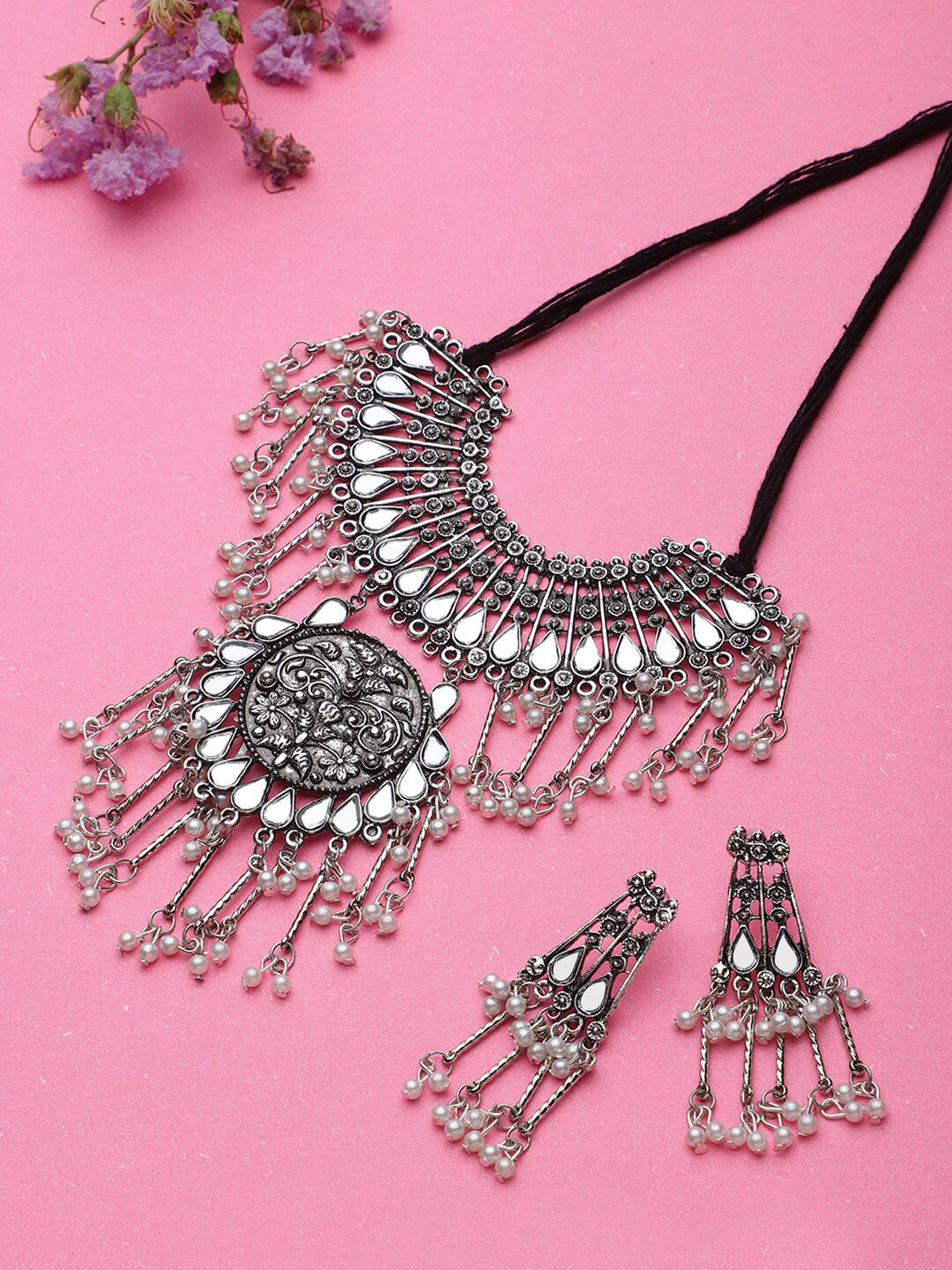 Cardinal Silver-Toned Mirror Studded & Beaded Oxidised Choker Jewellery Set | Swadesiicart