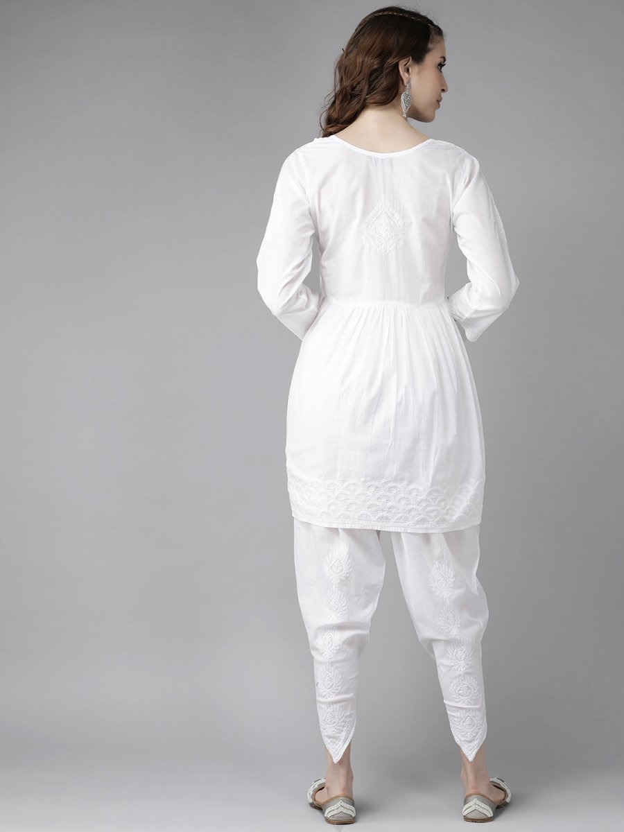 ADA Women White Cotton Sustainable Hand Embroidered Chikankari A-line Handloom Kurta & Dhoti Pants | Swadesiicart