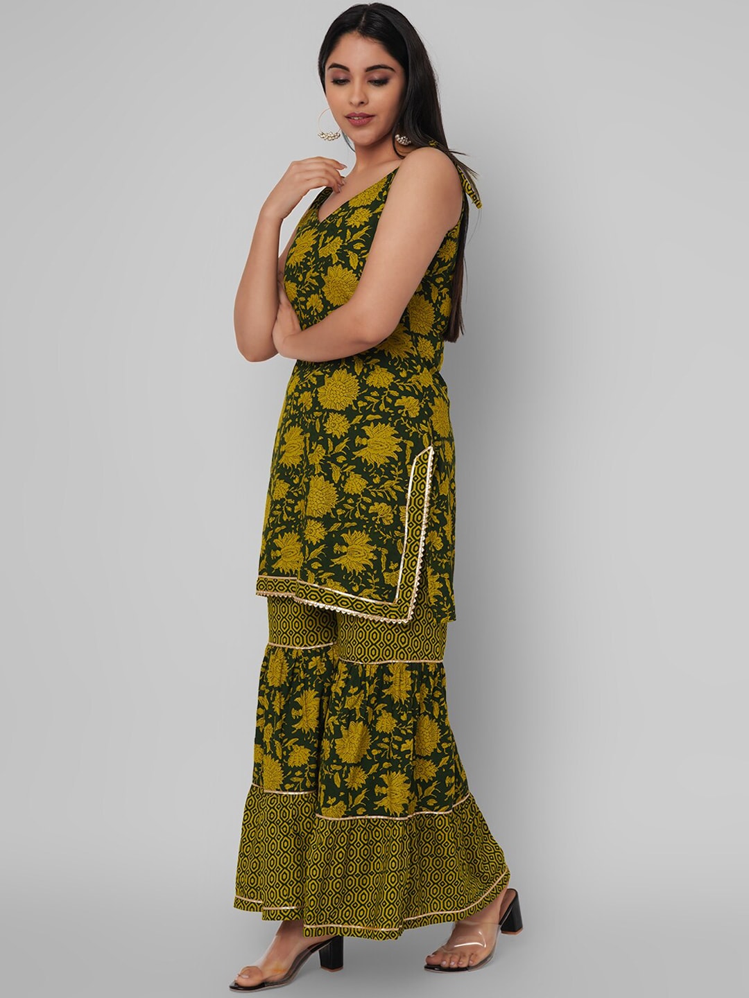 Kalini Women Green Floral Printed Gotta Patti Kurta with Sharara | Swadesiicart