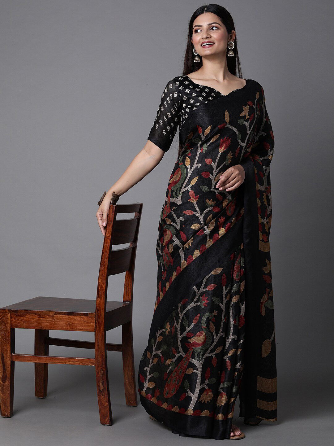 Mitera Black & Green Ethnic Motifs Jute Cotton Banarasi Saree with Matching Blouse | Swadesiicart