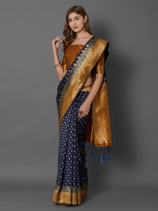 Mitera Navy Blue Silk Blend Woven Design Banarasi Saree | Swadesiicart