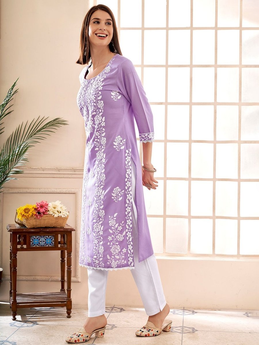 Anouk Floral Embroidered Round Neck Chikankari Straight Kurta | Swadesiicart
