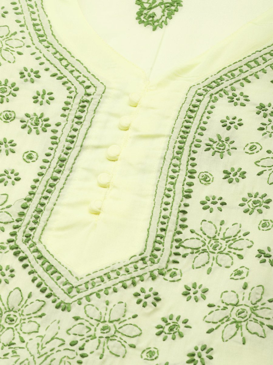 ADA Women Yellow & Green Embroidered Chikankari Handloom Kurta Handloom Kurta with Trousers | Swadesiicart