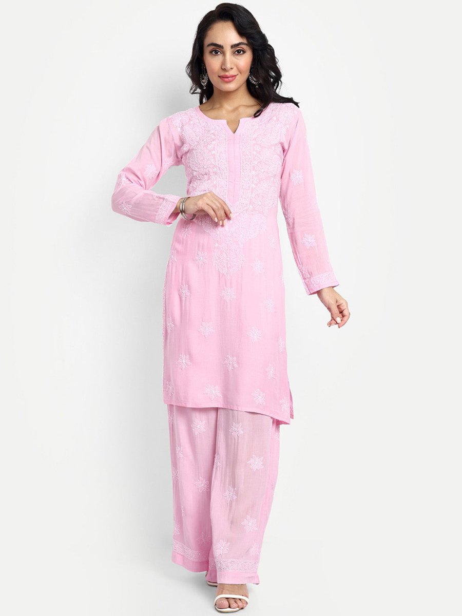 ADA Floral Embroidered Round Neck Long Sleeve Regular Chikankari Kurta With Palazzos | Swadesiicart