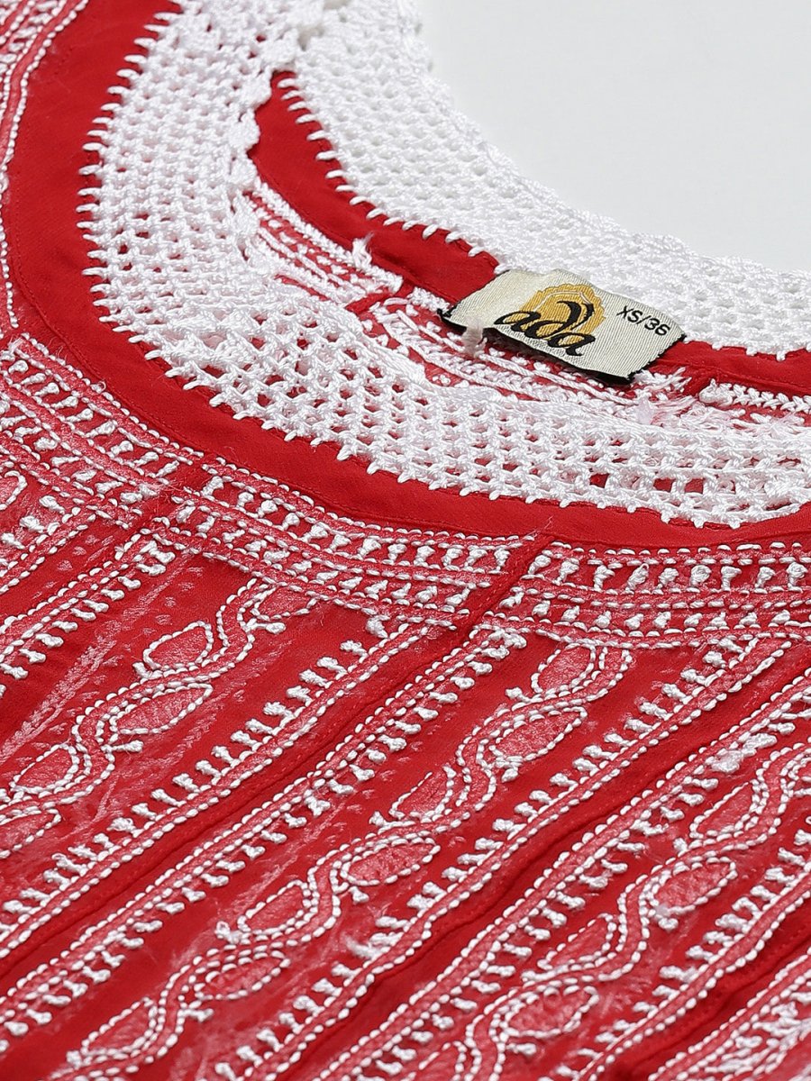 ADA Women Red & White Ethnic Motifs Embroidered Chikankari Georgette Kurta | Swadesiicart