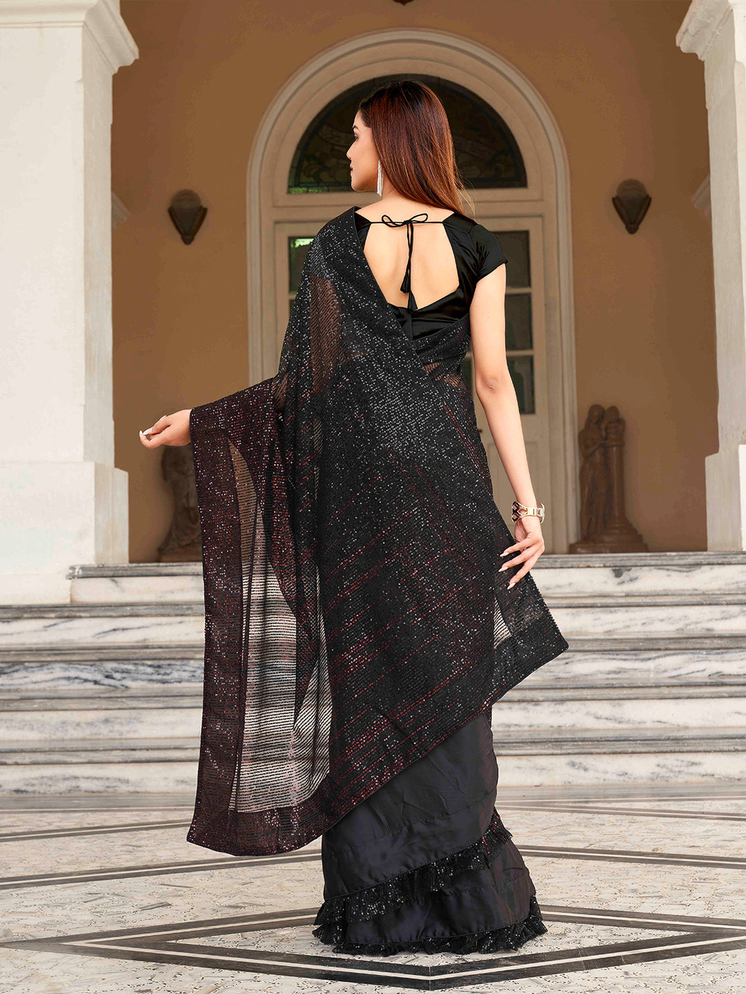 Tikhi Imli Sequinned Satin Heavy Work Saree | Swadesiicart