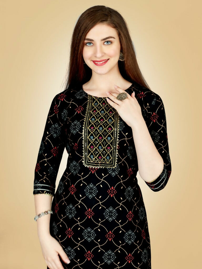 Jyoti Fashion Women's Black Viscose Rayon Embroidered Kurta Pant Set | Swadesiicart