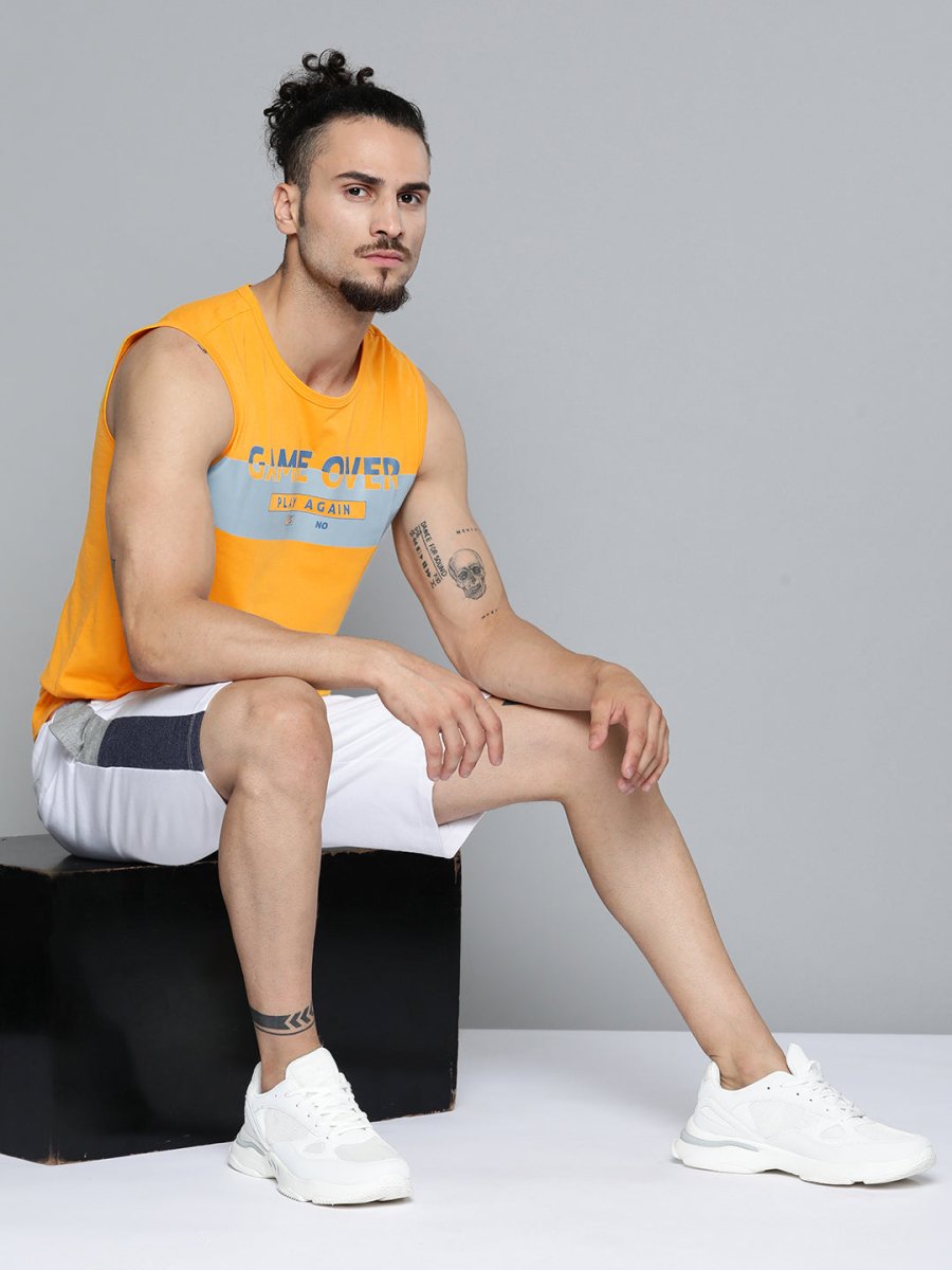 Alcis Men Mustard Yellow Typography Printed Slim Fit Gym T-shirt | Swadesiicart