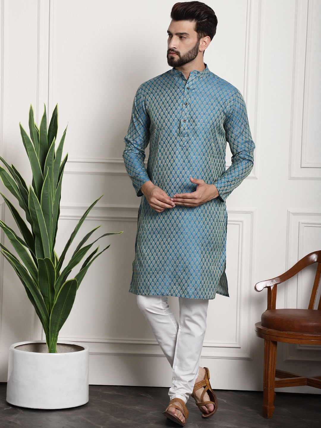 Sojanya Men Blue & Off-White Woven Design Kurta with Churidar | Swadesiicart
