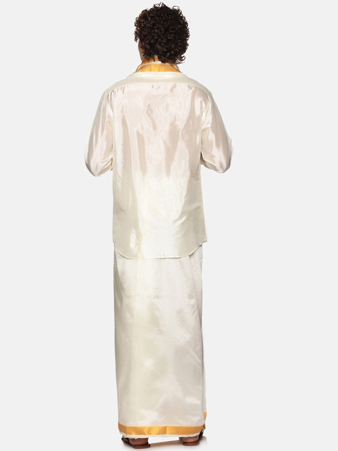 Sethukrishna Men Cream-Coloured Solid Art Silk Dhoti With Angavastram | Swadesiicart