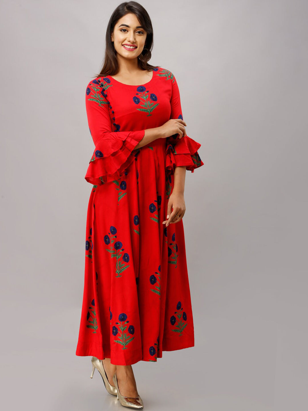 Kalini Women Red Floral Embroidered Flared Sleeves Anarkali Kurta | Swadesiicart