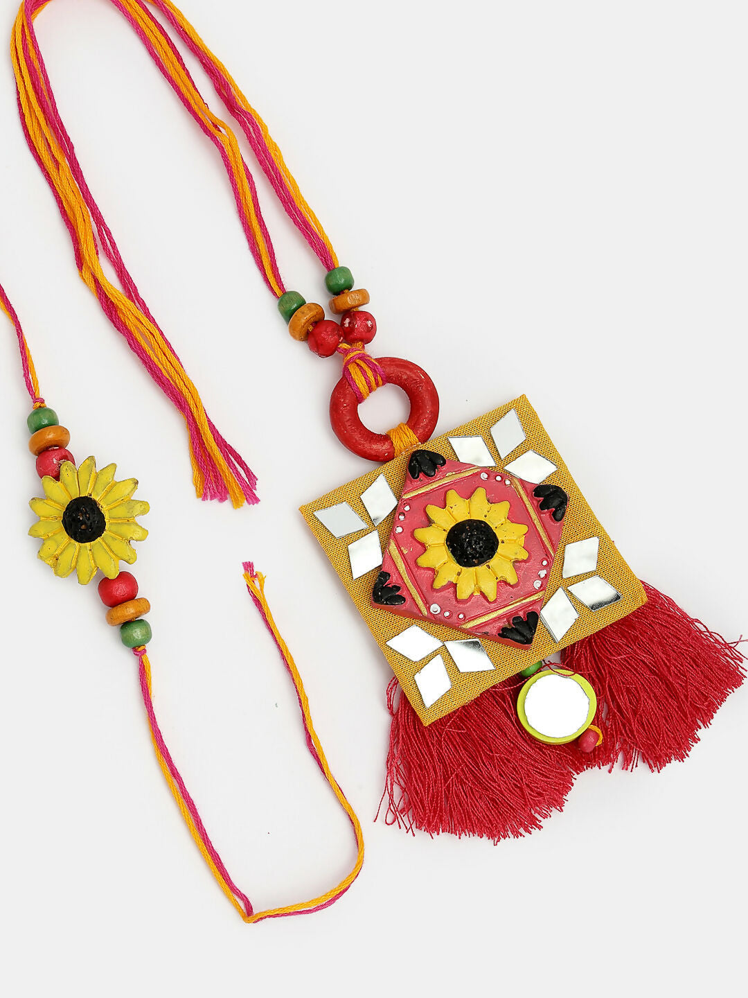 NVR Women & Men Set of 2 Red & Yellow Mirror Work Handcrafted Bhaiya Bhabi Rakhi With Roli Chawal | Swadesiicart