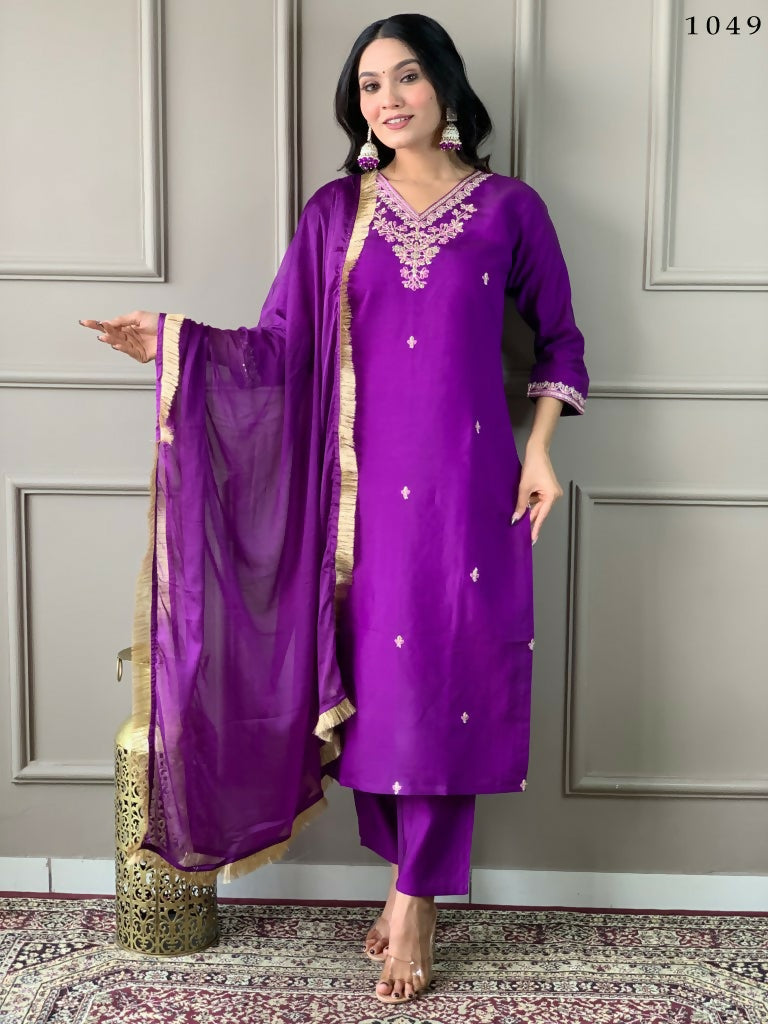Partywear Designer Viscose Chanderi Wine Stitched Suit With Dupatta - Tanisha | Swadesiicart
