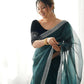 Attrctive Looking Gold Jari, Sequance Embroidery Work Twill Net Party Wear Saree - Rama