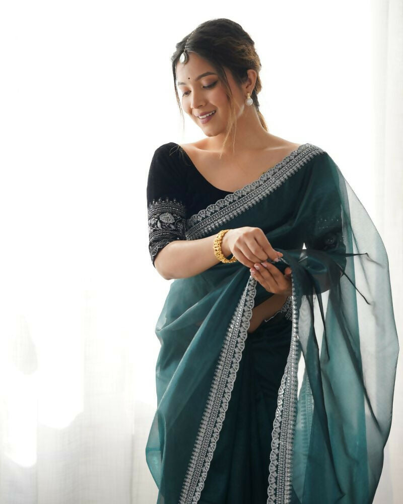 Attrctive Looking Gold Jari, Sequance Embroidery Work Twill Net Party Wear Saree - Rama