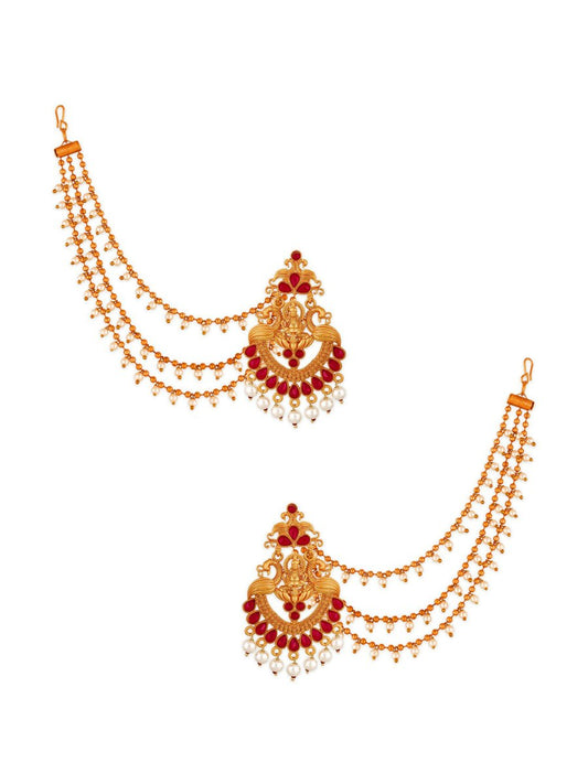 Aadita Red Gold-Toned & White Pearls Studded Contemporary Drop Earrings With Hair Chain | Swadesiicart