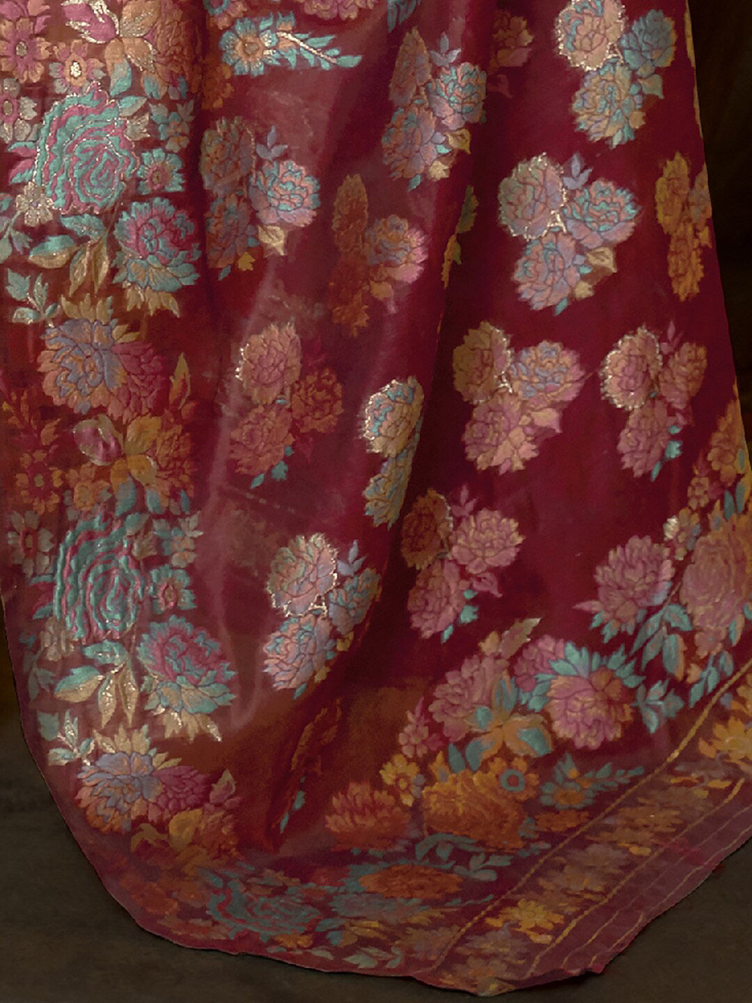 Mitera Maroon & Blue Floral Zari Banarasi Saree | Swadesiicart