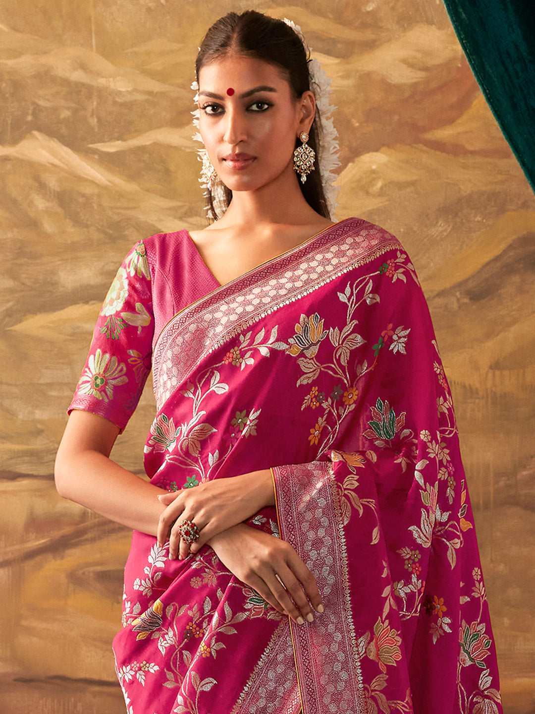 Mitera Pink & White Ethnic Motifs Zari Silk Banarasi Saree | Swadesiicart