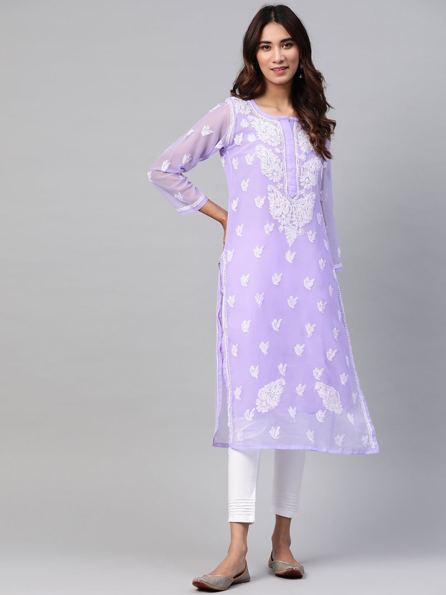 ADA Women Lavender & White Chikankari Embroidered Kurta with Trousers & Inner | Swadesiicart