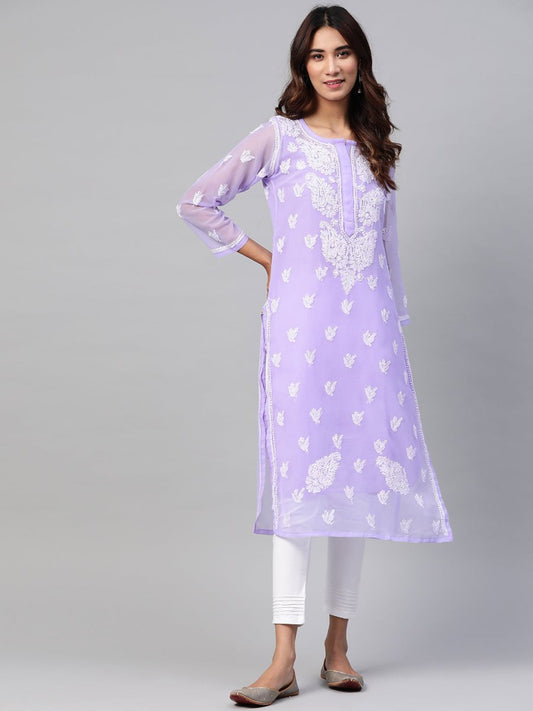 ADA Women Lavender & White Chikankari Embroidered Kurta with Trousers & Inner | Swadesiicart