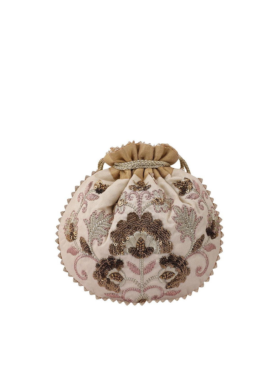 Masq Beige & Brown Embellished Embroidered Potli Clutch - Swadesiicart