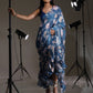 Tikhi Imli Blue Floral Printed Satin Ruffles Saree | Swadesiicart