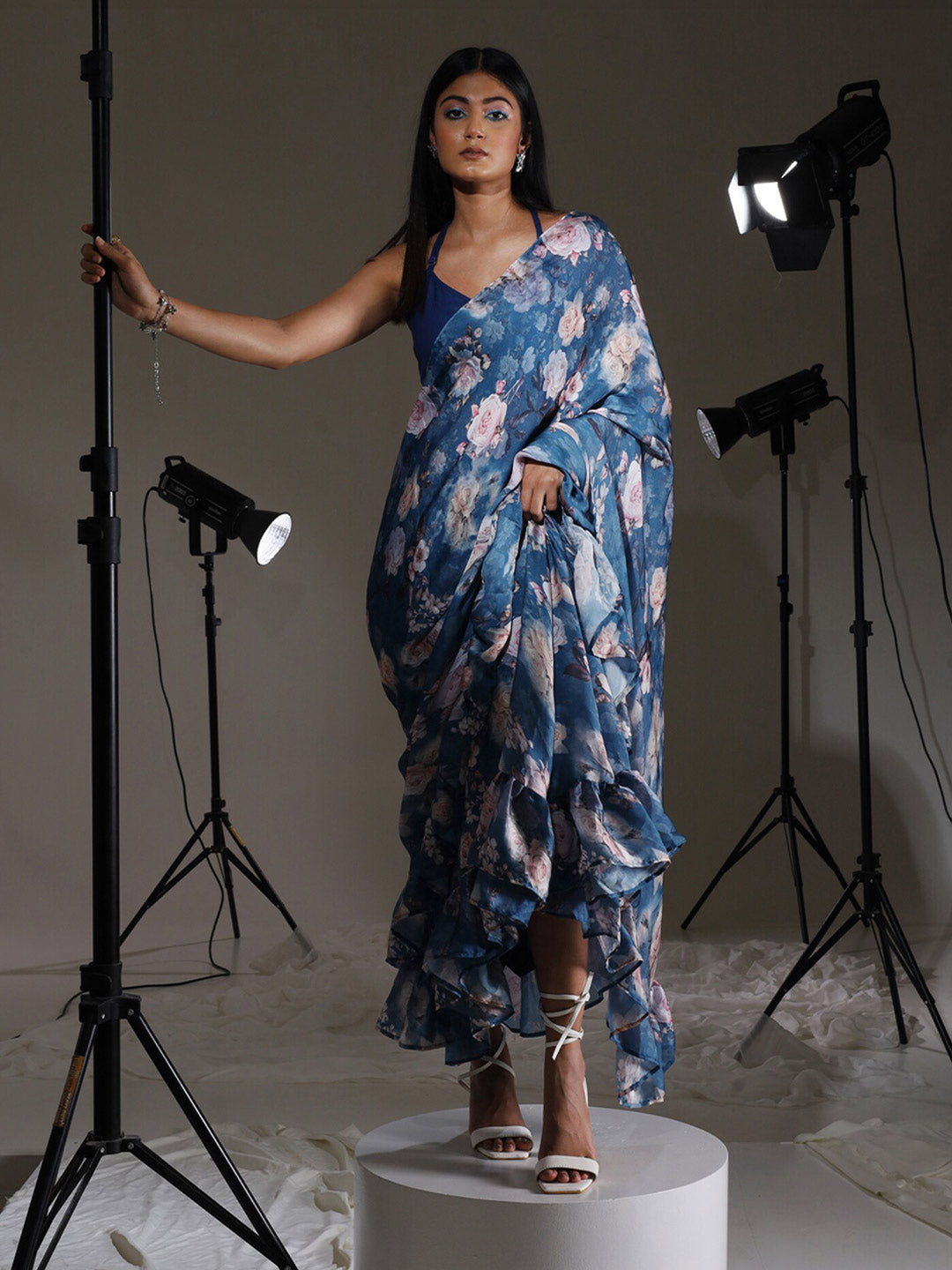 Tikhi Imli Blue Floral Printed Satin Ruffles Saree | Swadesiicart