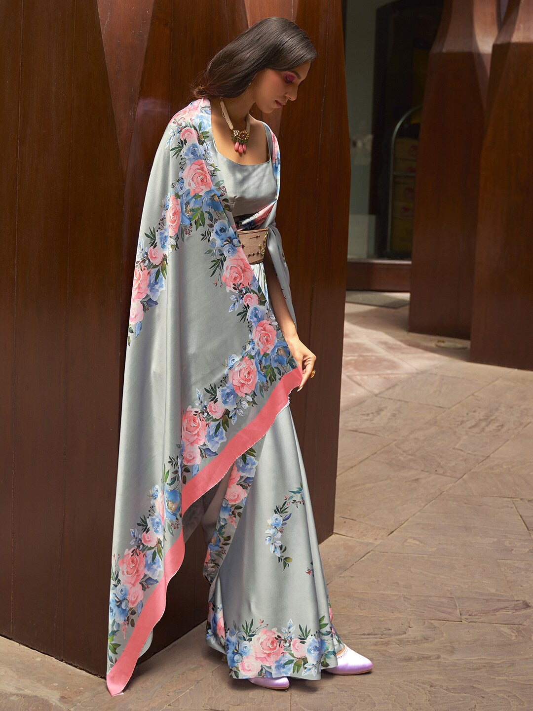 Mitera Grey & Pink Floral Satin Banarasi Saree | Swadesiicart