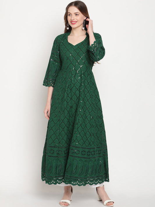Kalini Ethnic Motifs Embroidered Chikankari Cotton Anarkali Kurta | Swadesiicart