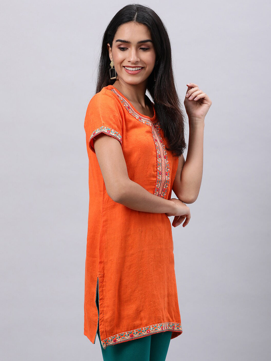 Souchii Orange Floral Embroidered Mirror Work Mirror Work Kurti - Swadesiicart