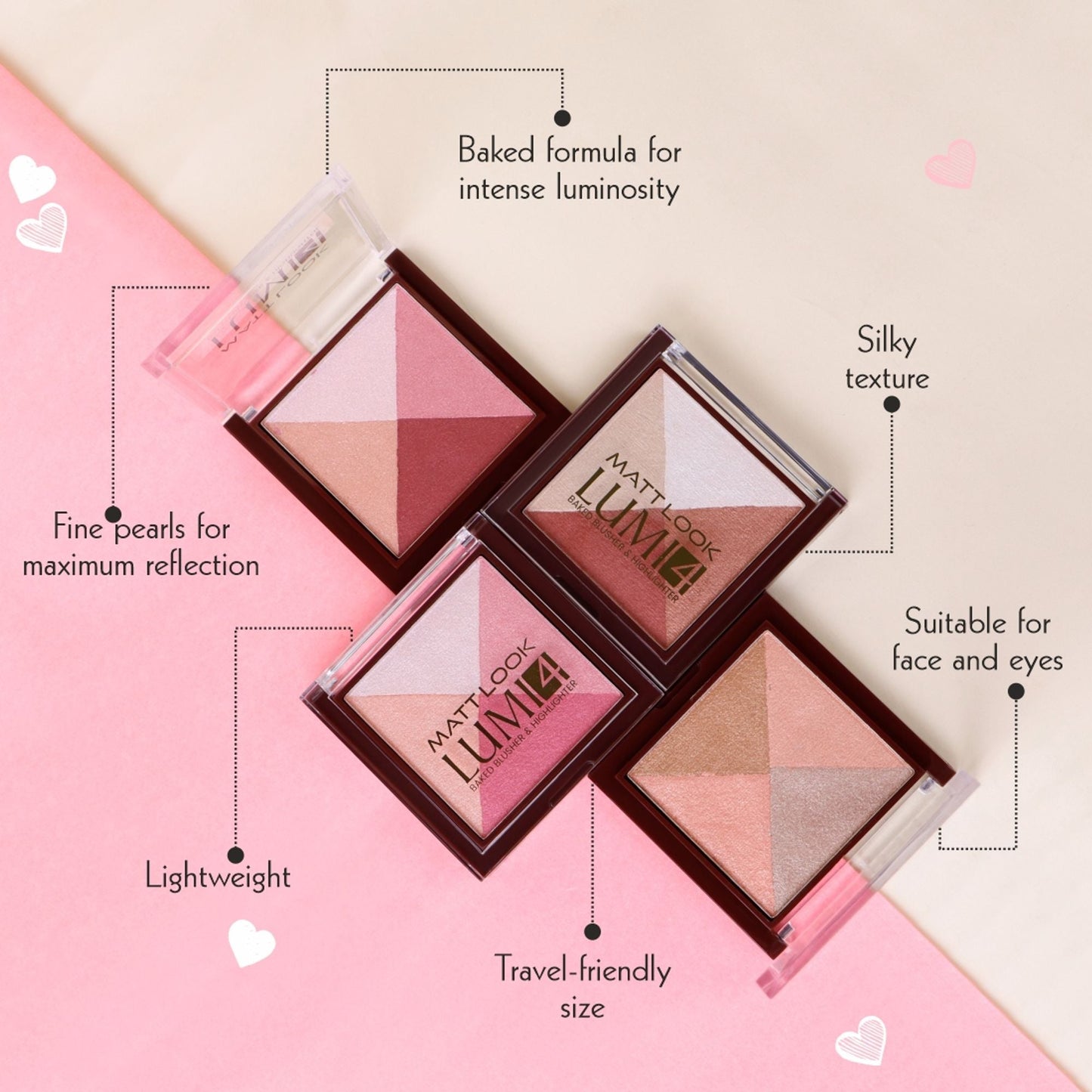 Matt Look Lumi 4 Baked Blusher & Highlighter - Dewy Rose - Swadesiicart