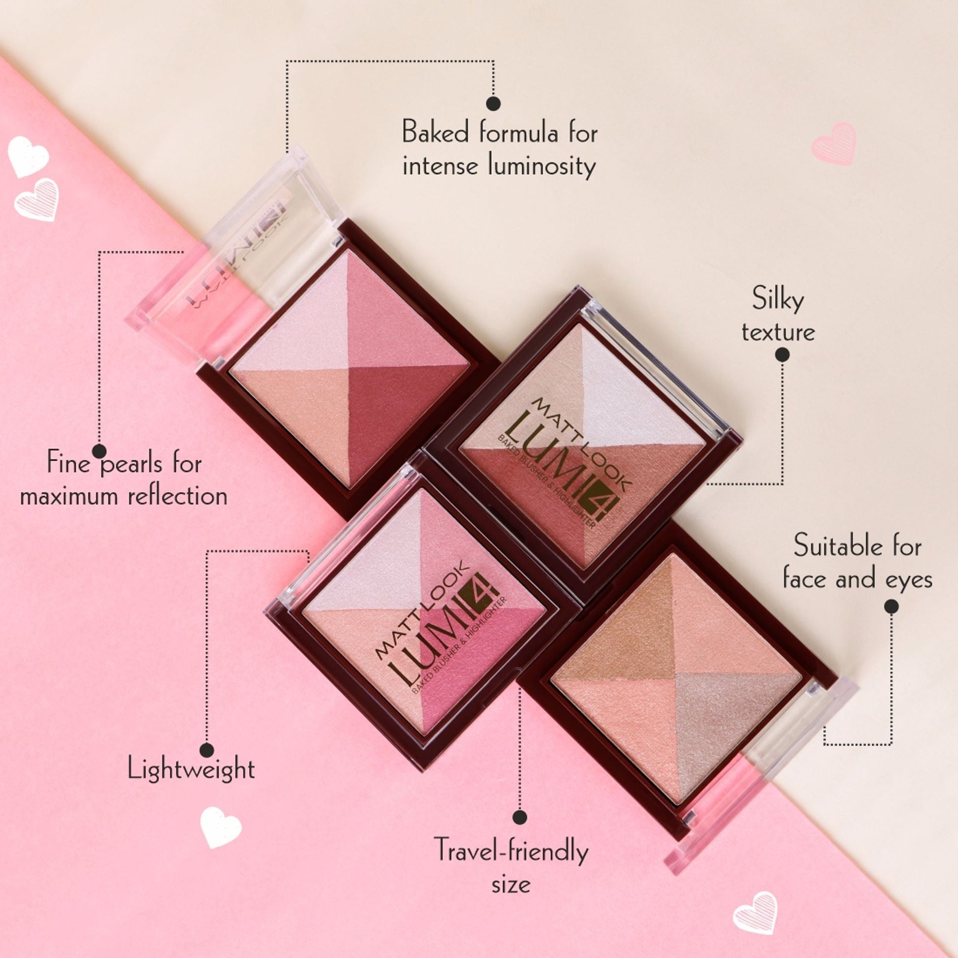 Matt Look Lumi 4 Baked Blusher & Highlighter - Dewy Rose - Swadesiicart