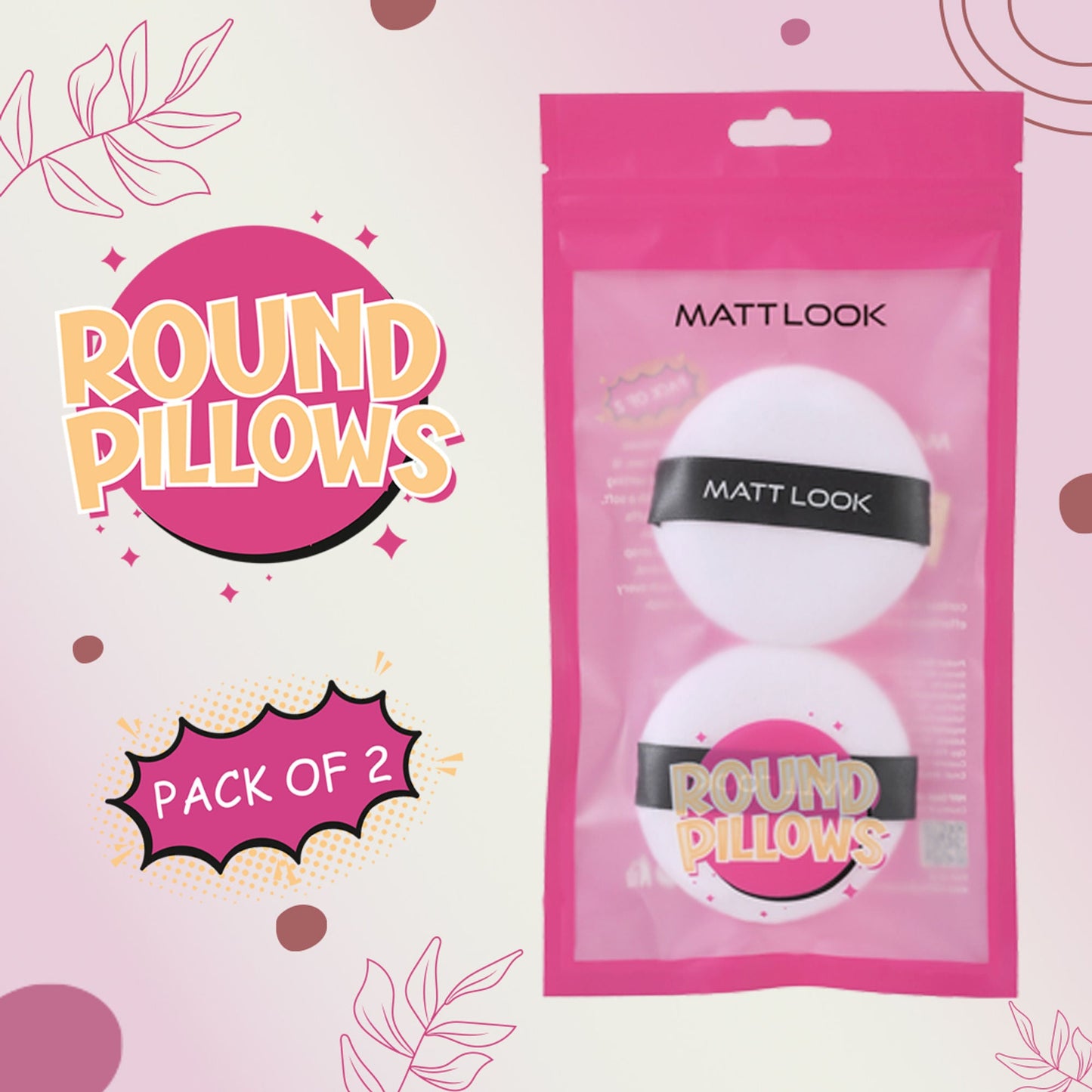 Matt Look Round Pillows Powder White Puff - Pack Of 2 - Swadesiicart