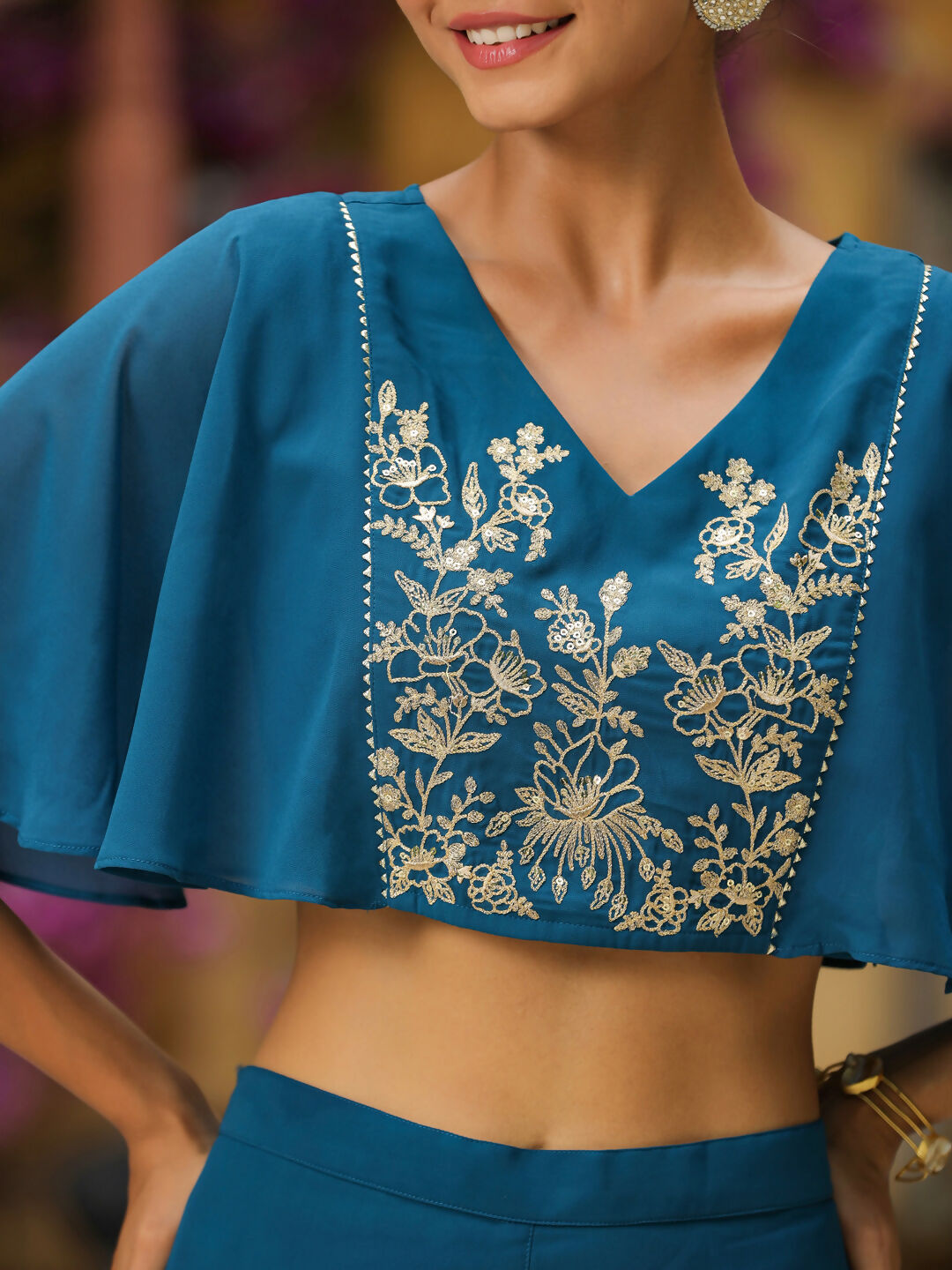 Janasya Teal Blue Georgette Yoke Embroidery Co-Ords - Swadesiicart
