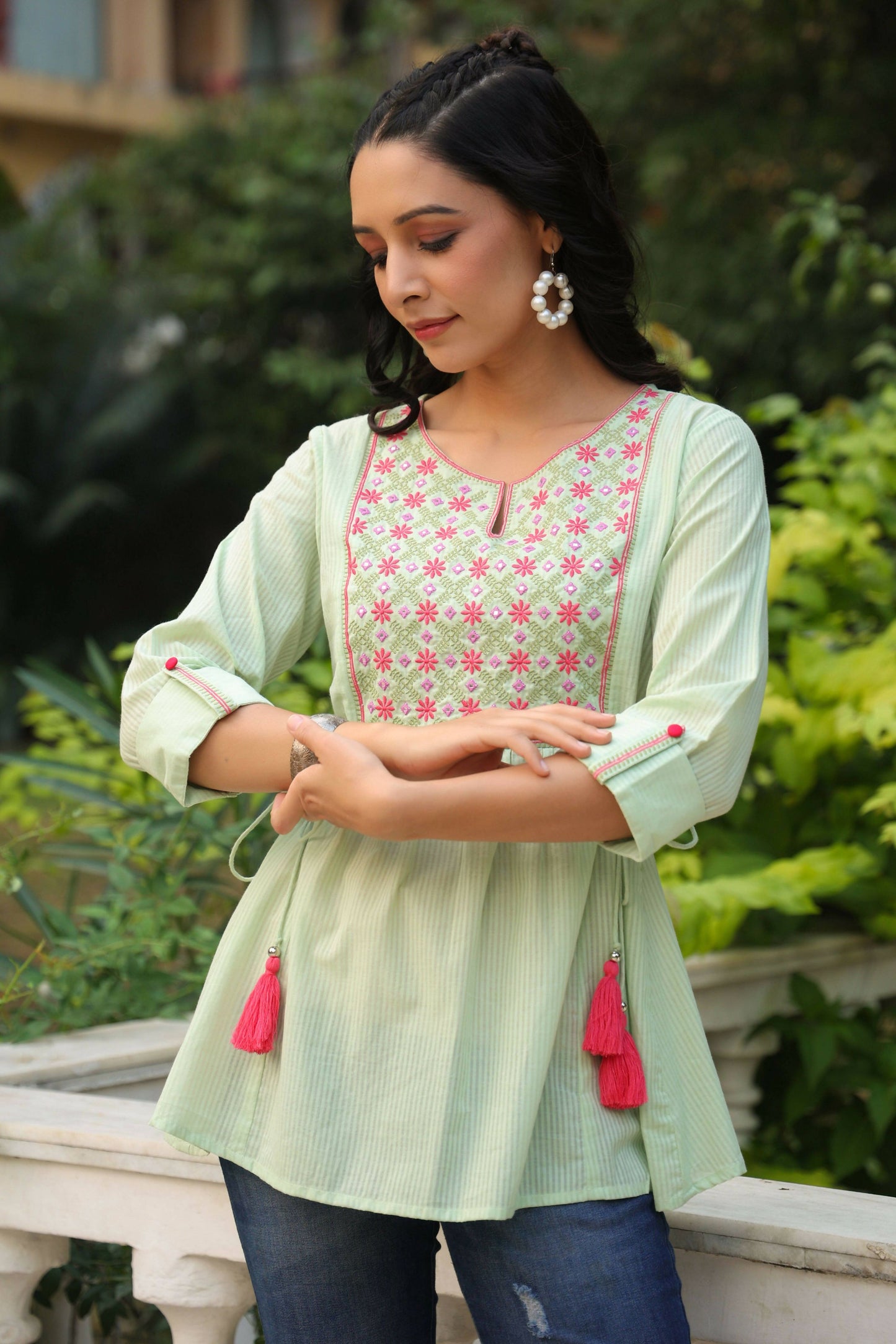 Juniper Women's Green Cotton Dobby Solid Embroidered Straight Tunic | Swadesiicart