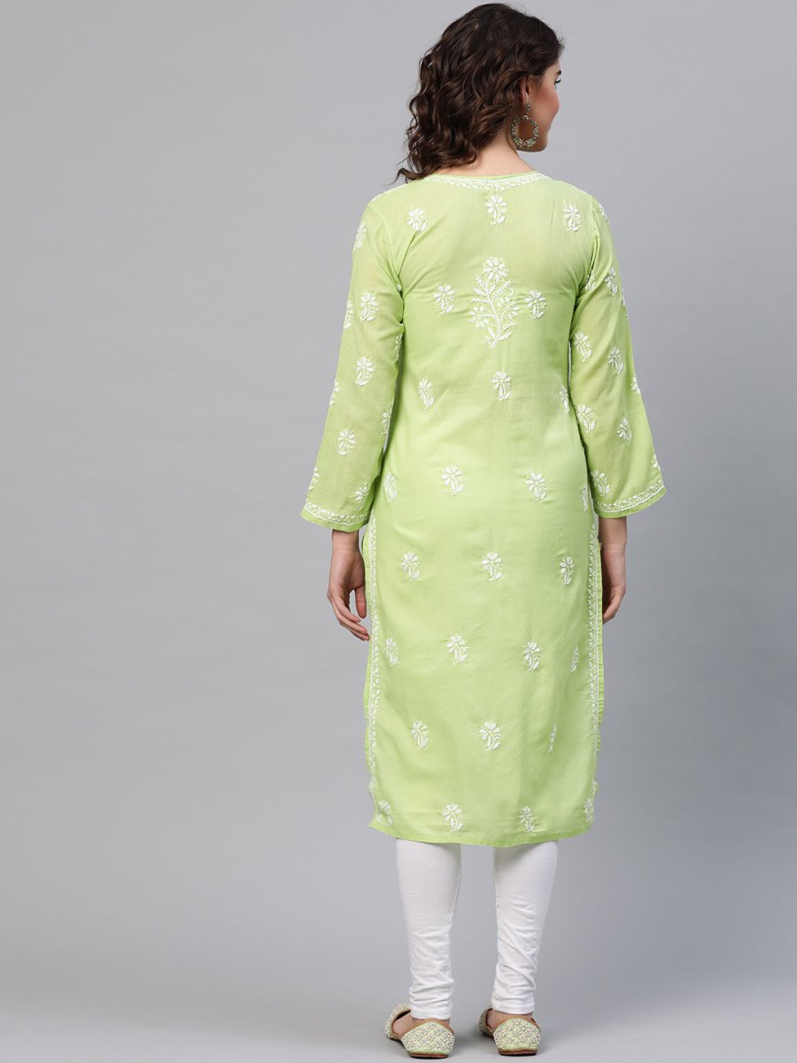 ADA Women Green & White Chikankari Embroidered Cotton Straight Sustainable Kurta | Swadesiicart