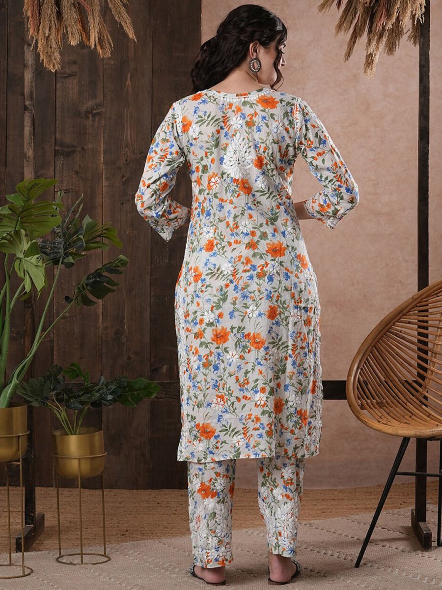ADA Floral Printed Round Neck Regular Lucknowi Chikankari Kurta with Trousers | Swadesiicart