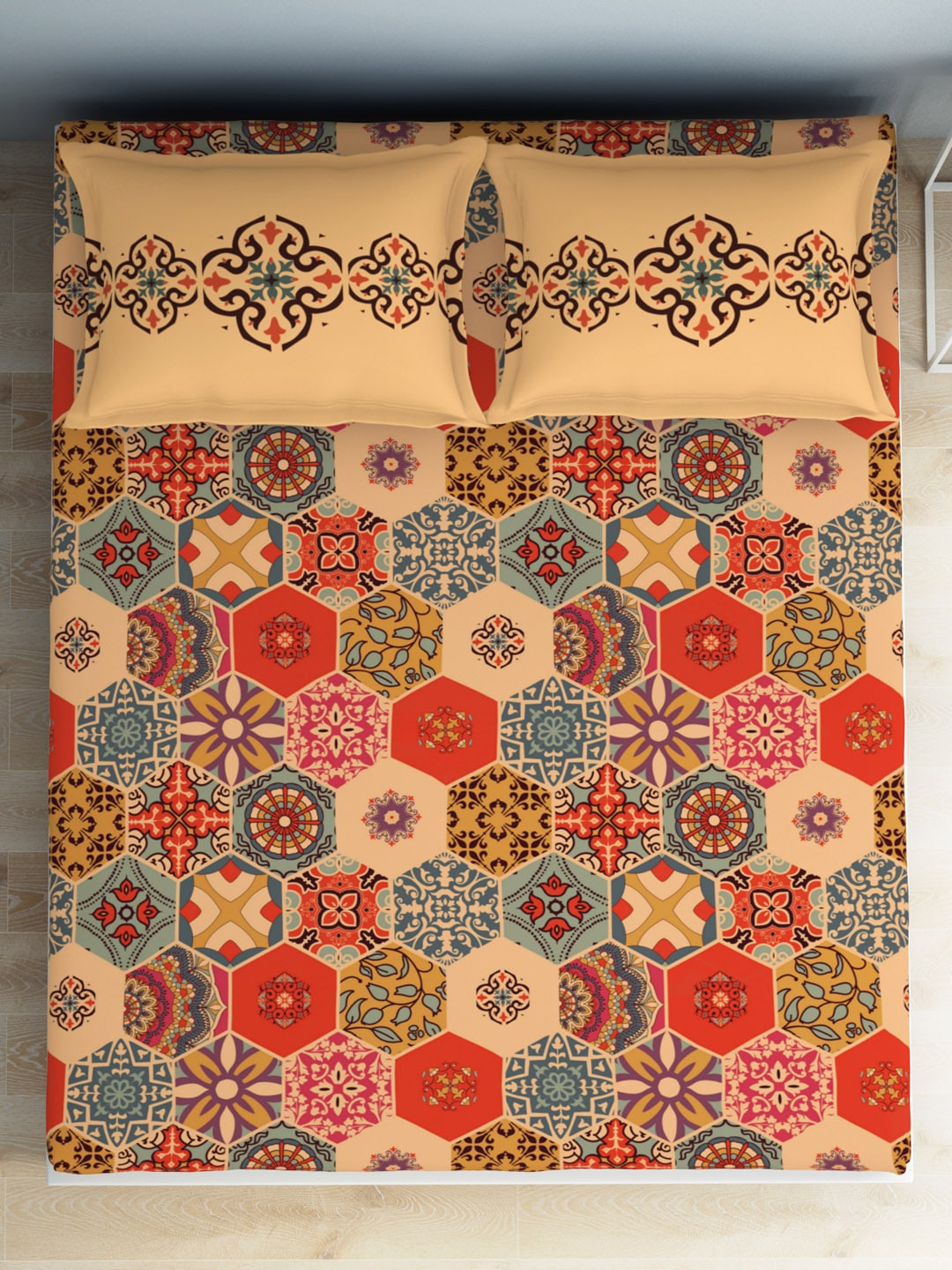 SPACES Aurum Orange Ethnic Motifs Pure Cotton 140 TC Queen Bedsheet with 2 Pillow Covers - Swadesiicart