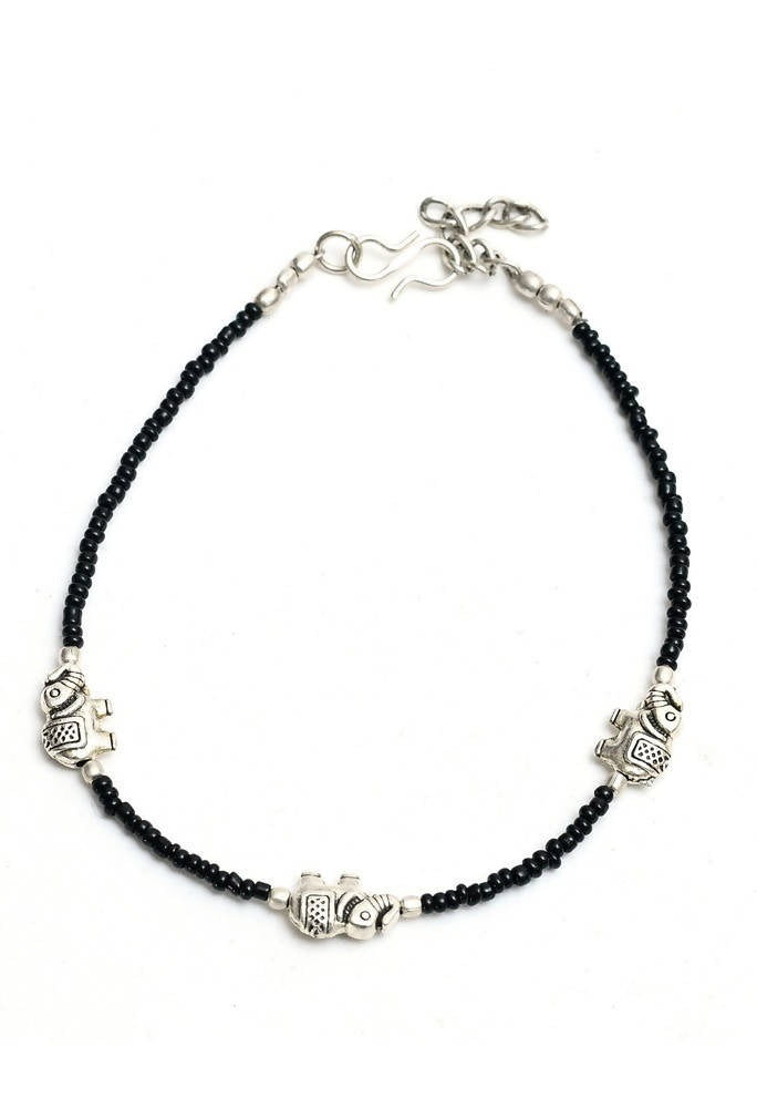 Mominos Fashion Kamal Johar Oxidised Elephant Design Silver/Black Anklets | Swadesiicart